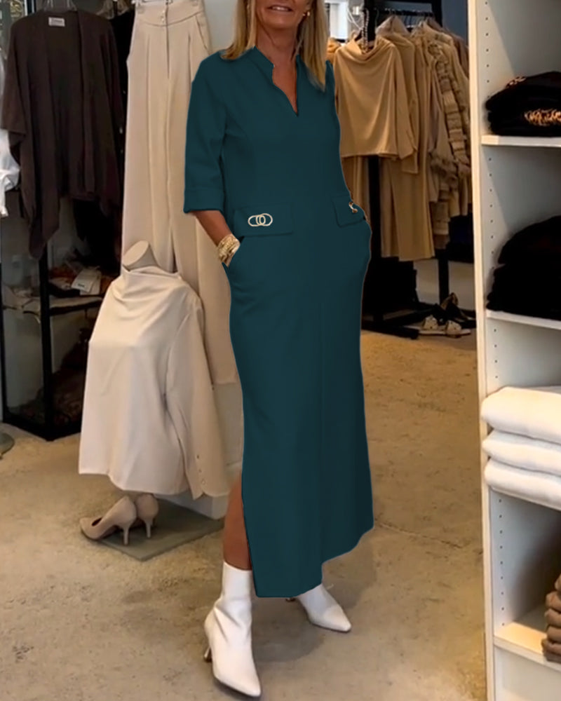 Valeria | Solid-Coloured Slit Dress with 3/4 Sleeves