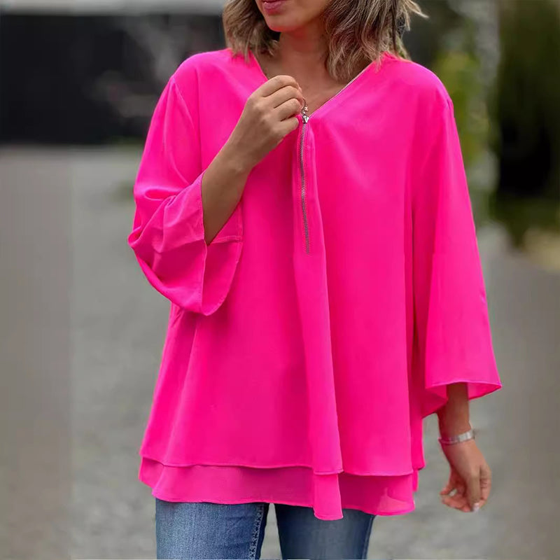 Katherine™ - Chiffon Zipper Top With V-neck