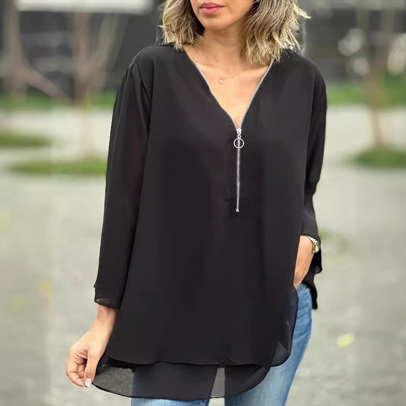 Katherine™ - Chiffon Zipper Top With V-neck