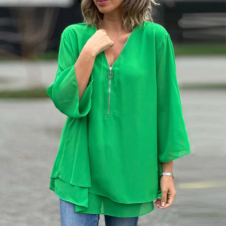 Katherine™ - Chiffon Zipper Top With V-neck