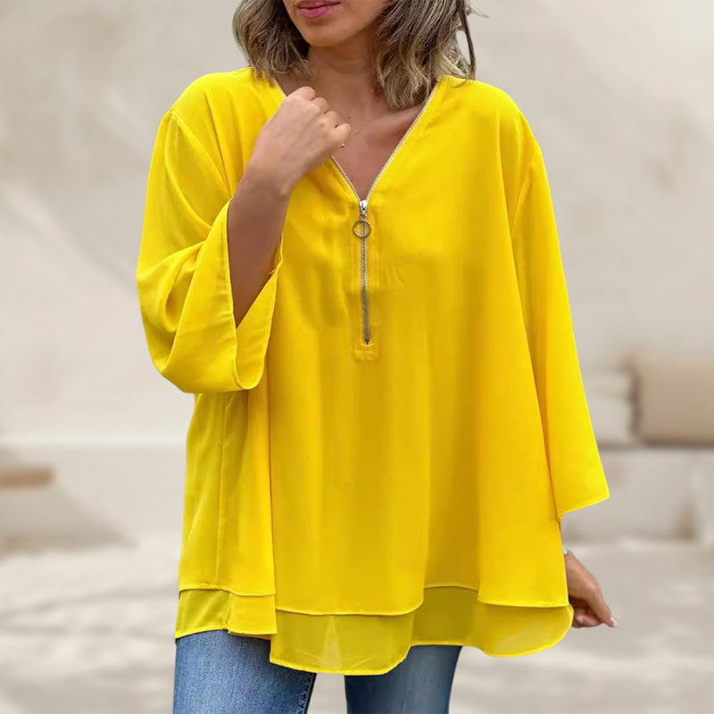 Katherine™ - Chiffon Zipper Top With V-neck