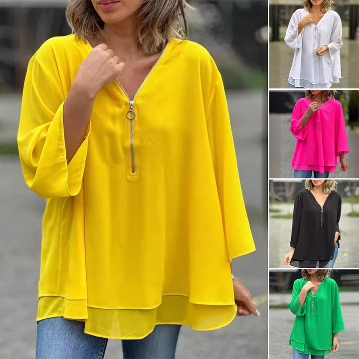 Katherine™ - Chiffon Zipper Top With V-neck