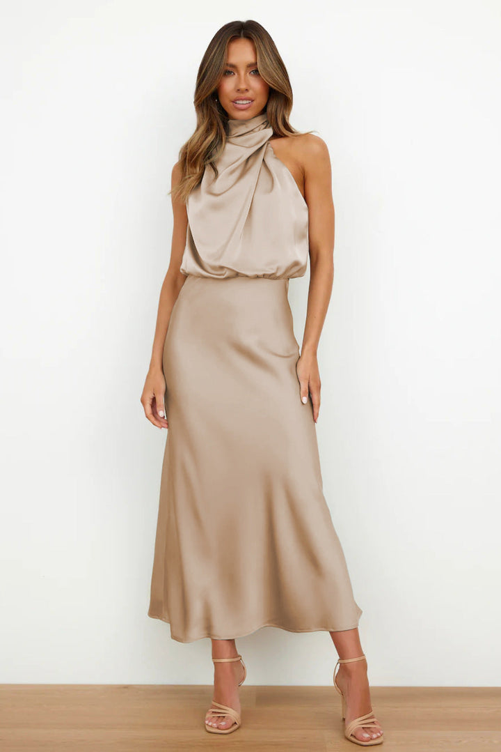 Valeria™ | Satin Dress with Halter Neckline